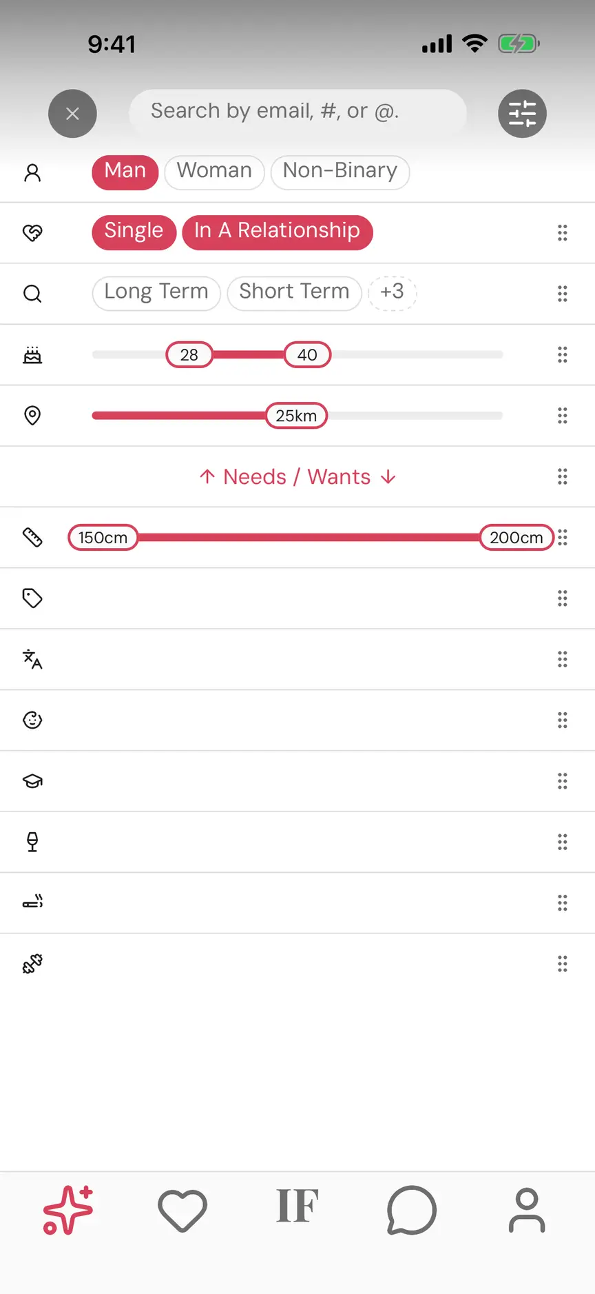 The IF app's discovery filters, ranked and split into needs and wants.