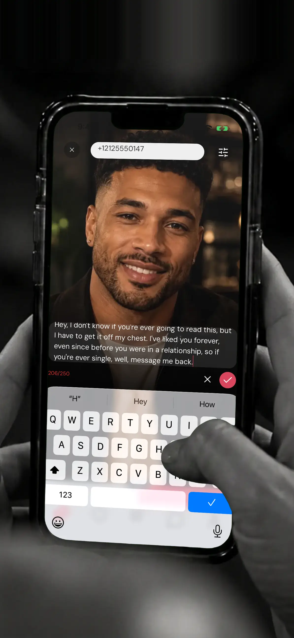A hand holding a phone, writing an IF to someone in a relationship.